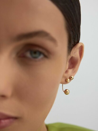 Fasetli Çift Küre 14K Altın Sallantılı Küpe - (1)