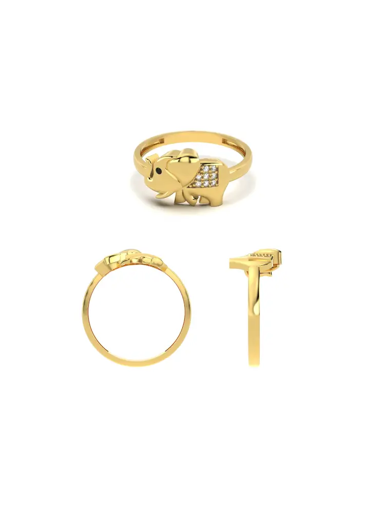 Fil Figürlü Taşlı 14K Altın Yüzük - 9