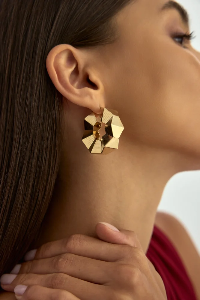 Geometrik Kesim Halka 14K Altın Küpe - 2