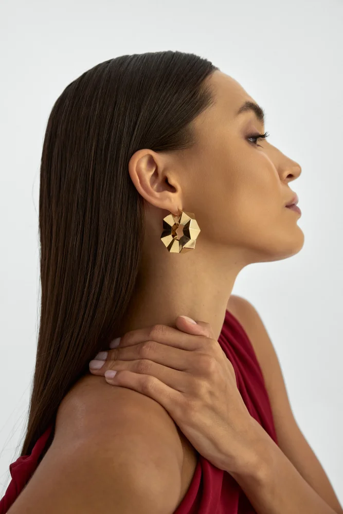 Geometrik Kesim Halka 14K Altın Küpe - 3