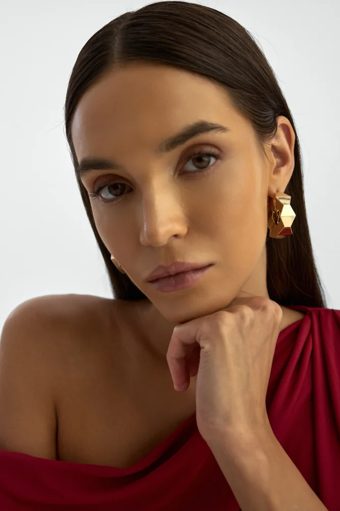 Geometrik Kesim Halka 14K Altın Küpe - 4