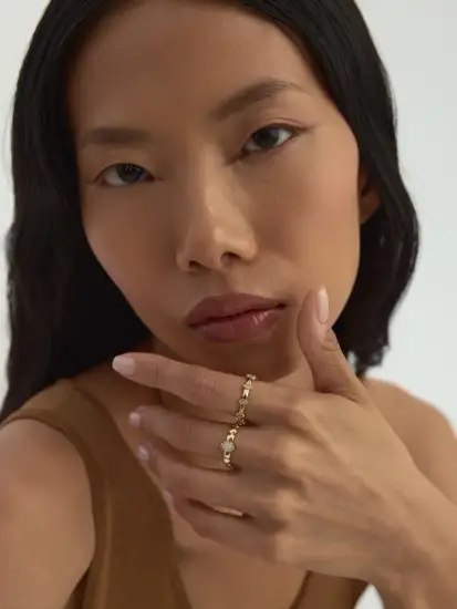 Geometrik Motifli Oval Taşlı 14K Altın Yüzük - (1)