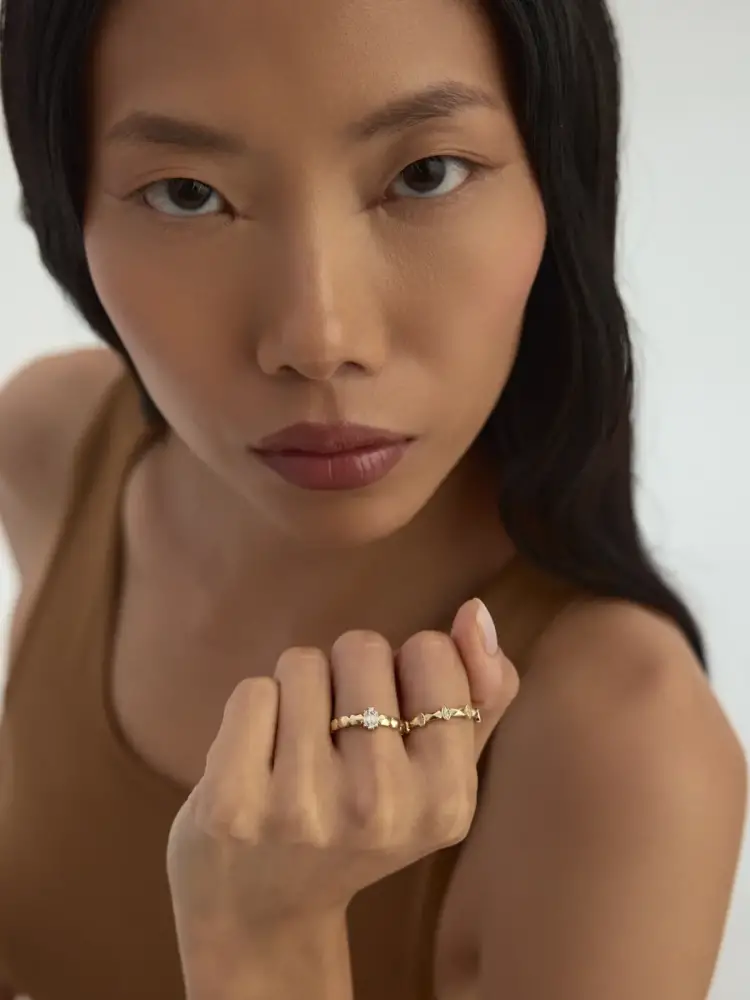 Geometrik Motifli Oval Taşlı 14K Altın Yüzük - 5