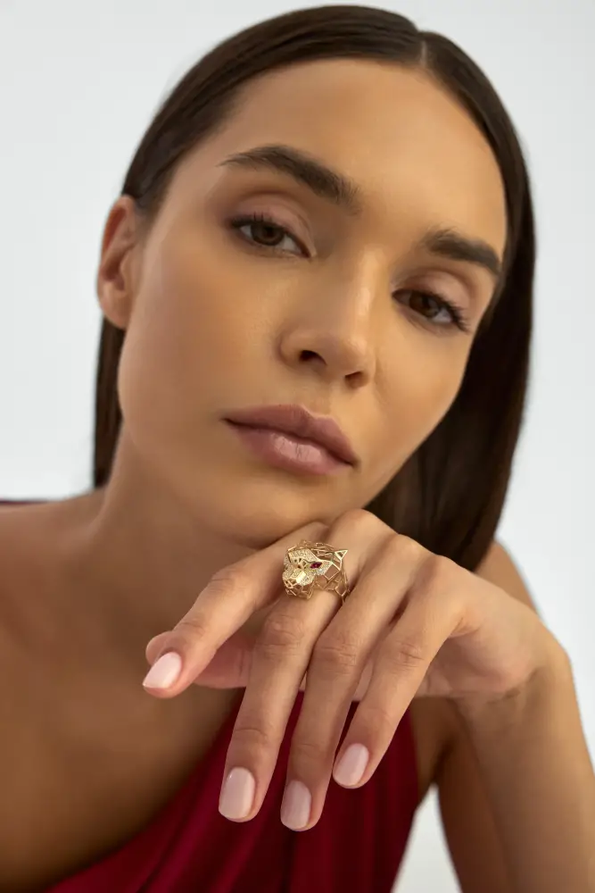 Geometrik Panter Figürlü 14K Altın Yüzük - 3