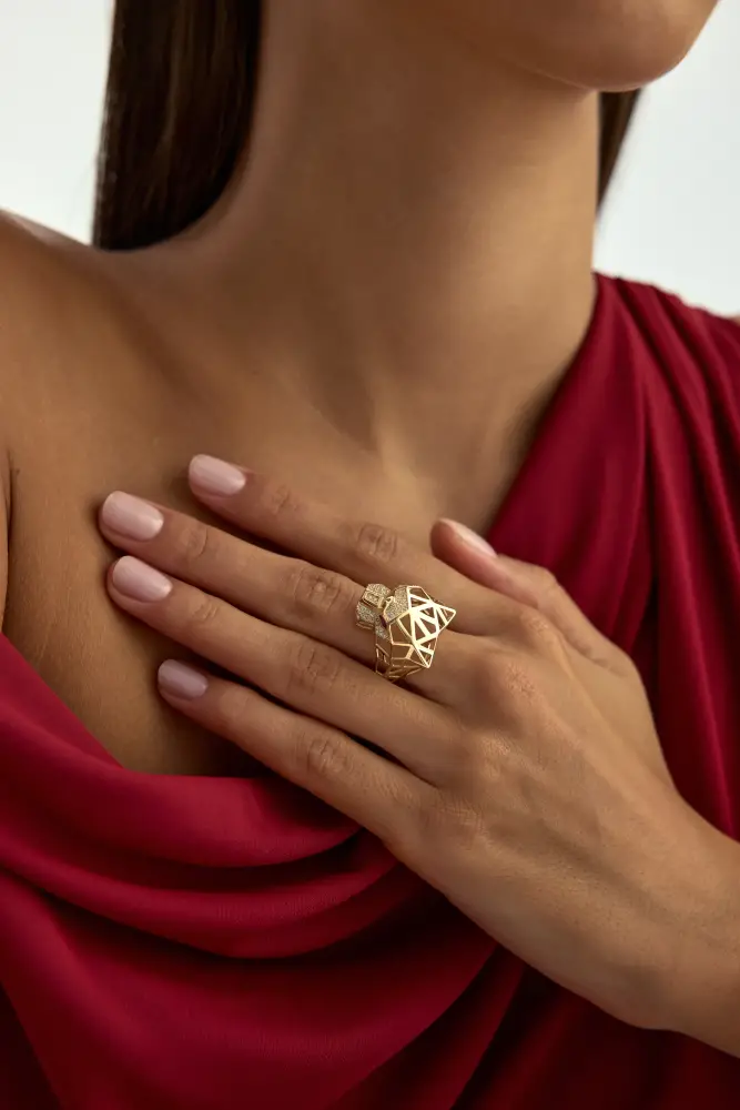 Geometrik Panter Figürlü 14K Altın Yüzük - 2