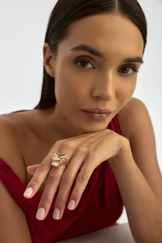 Geometrik Panter Figürlü 14K Altın Yüzük - 4