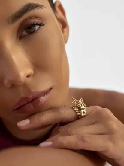 Geometrik Panter Formlu 14K Altın Yüzük - (1)