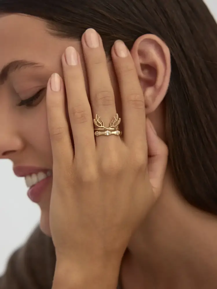 Geyik Boynuzu Figürlü 14K Altın Yüzük - 4