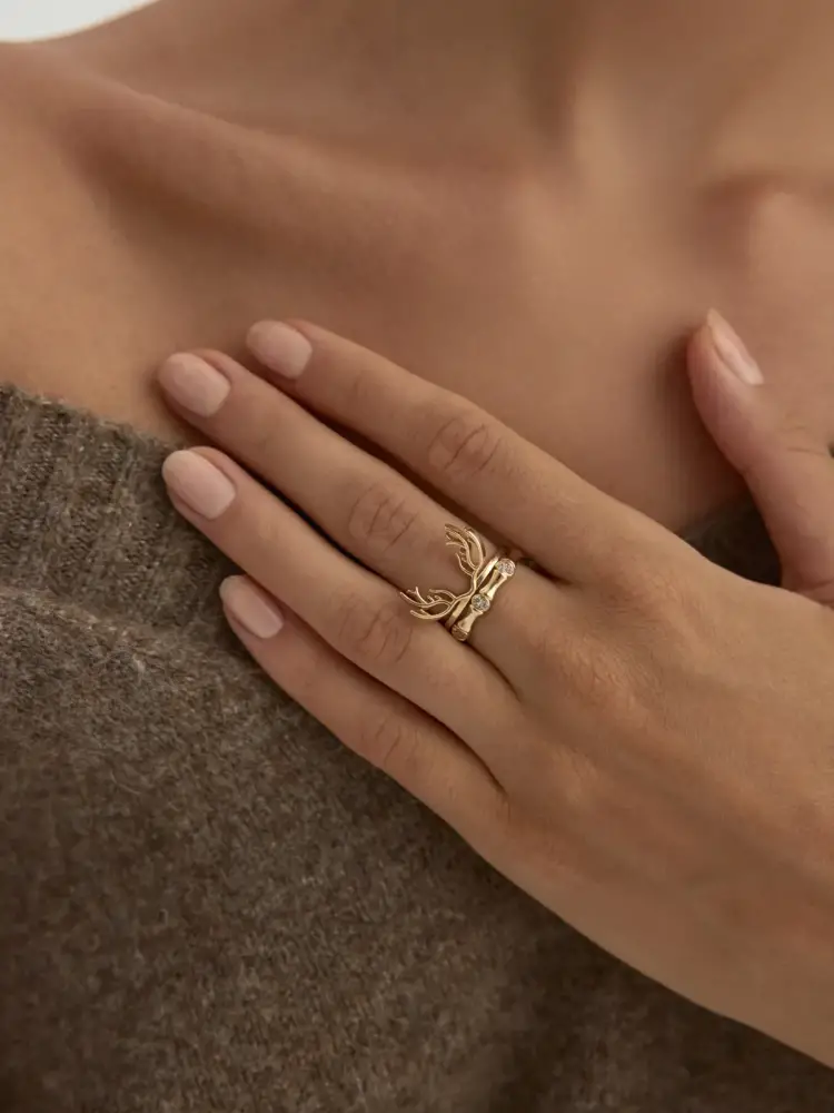 Geyik Boynuzu Figürlü 14K Altın Yüzük - 2