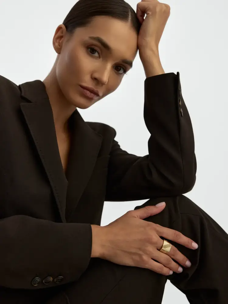 Grek Motifli Yanları Taşlı Plaka Form 14K Altın Yüzük - 4