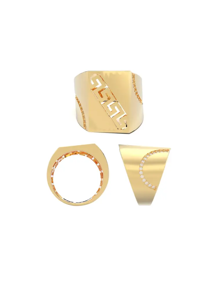 Grek Motifli Yanları Taşlı Plaka Form 14K Altın Yüzük - 8