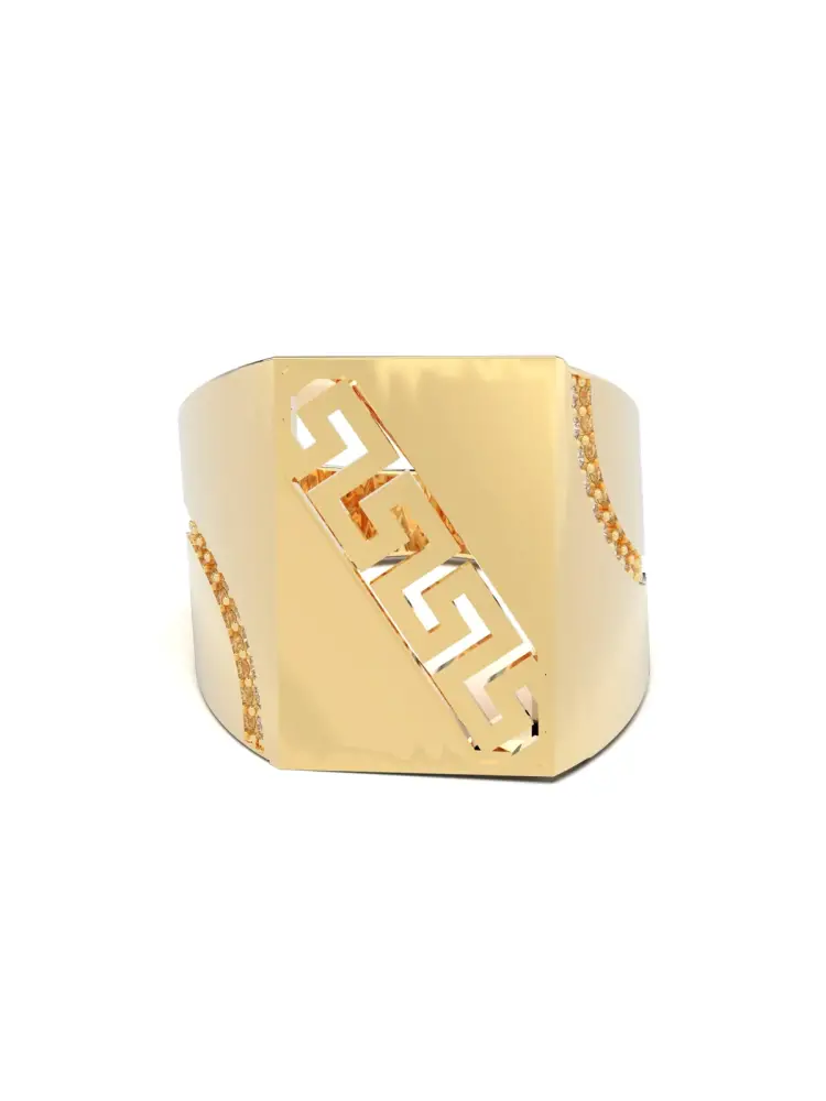 Grek Motifli Yanları Taşlı Plaka Form 14K Altın Yüzük - 1