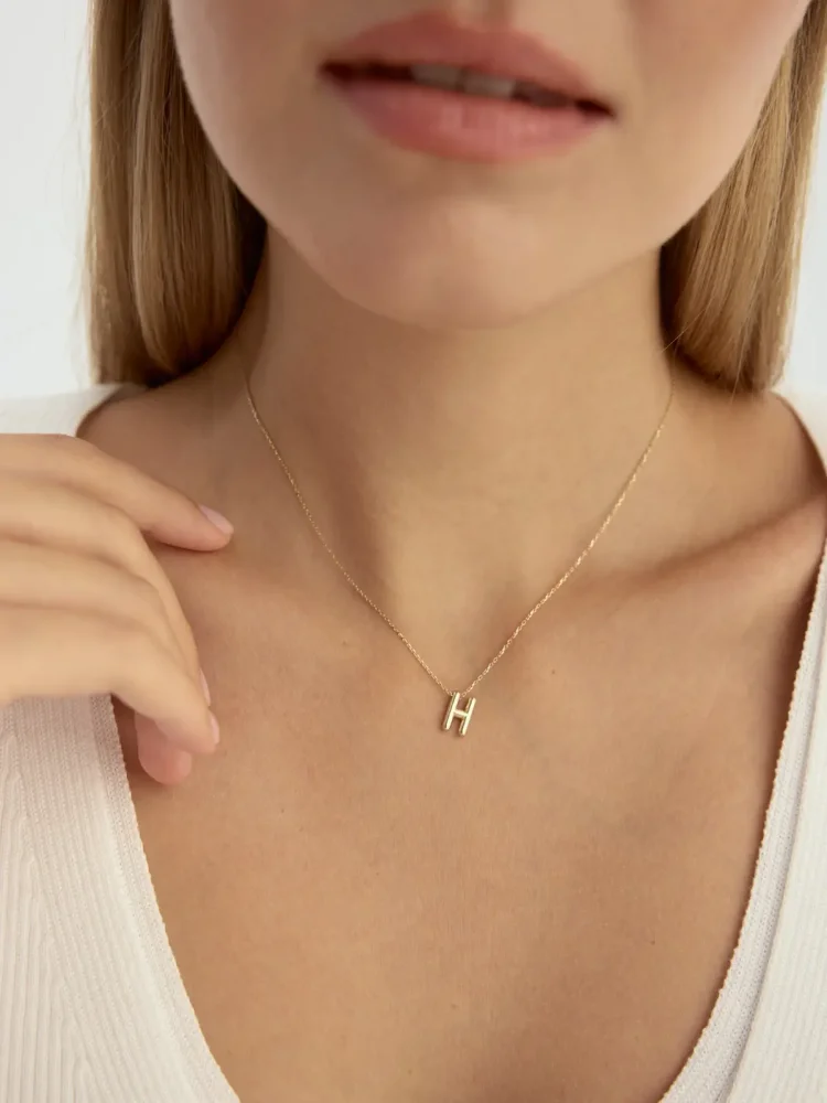 H Harfi Sade 14K Altın Harf Kolye - 2