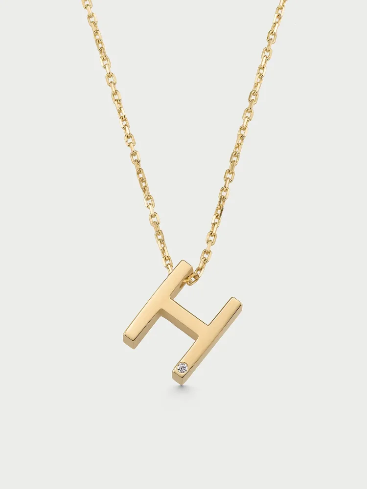H Harfi Taşlı 14K Altın Harf Kolye - 1