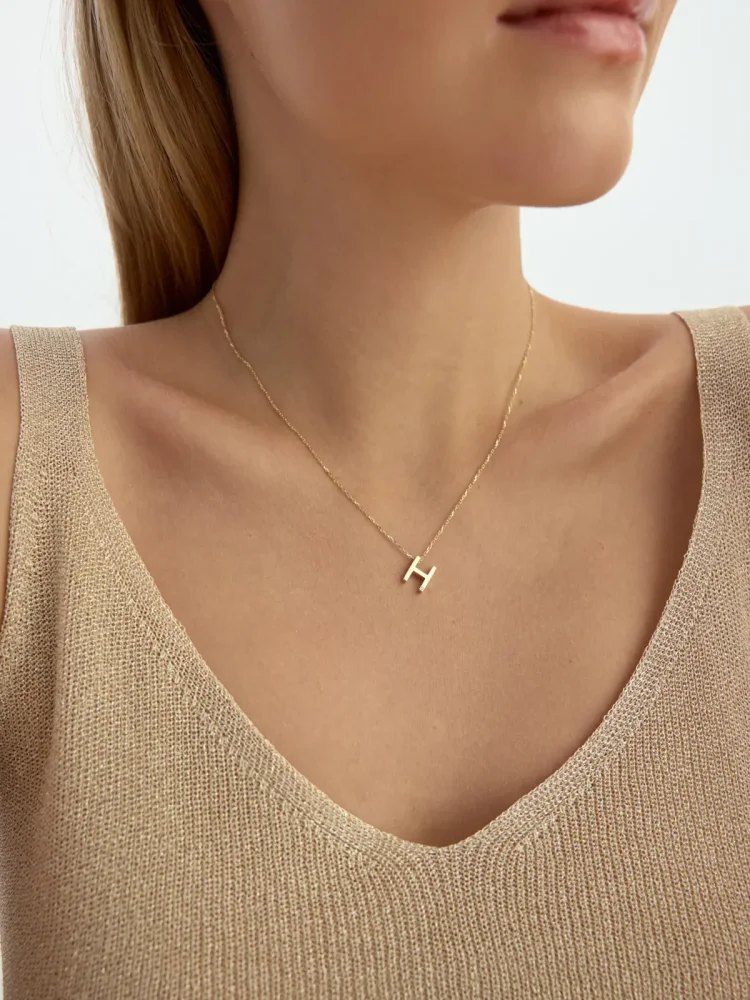 H Harfi Taşlı 14K Altın Harf Kolye - 2