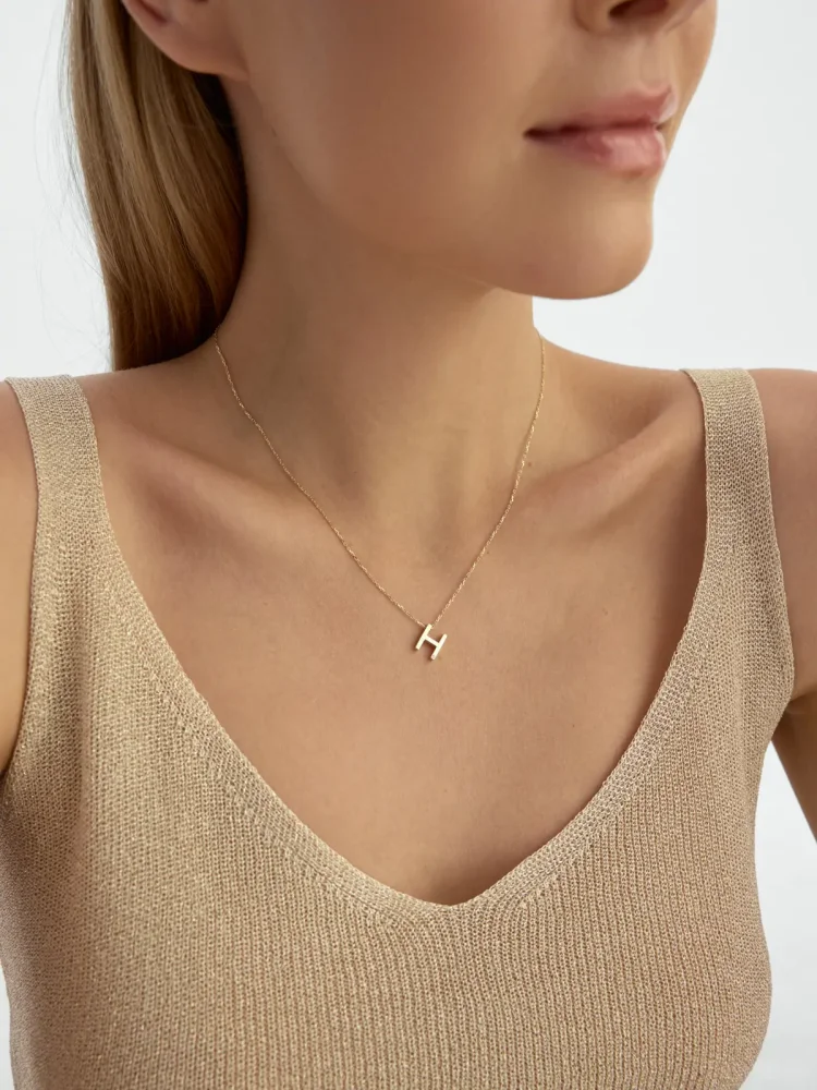 H Harfi Taşlı 14K Altın Harf Kolye - 3