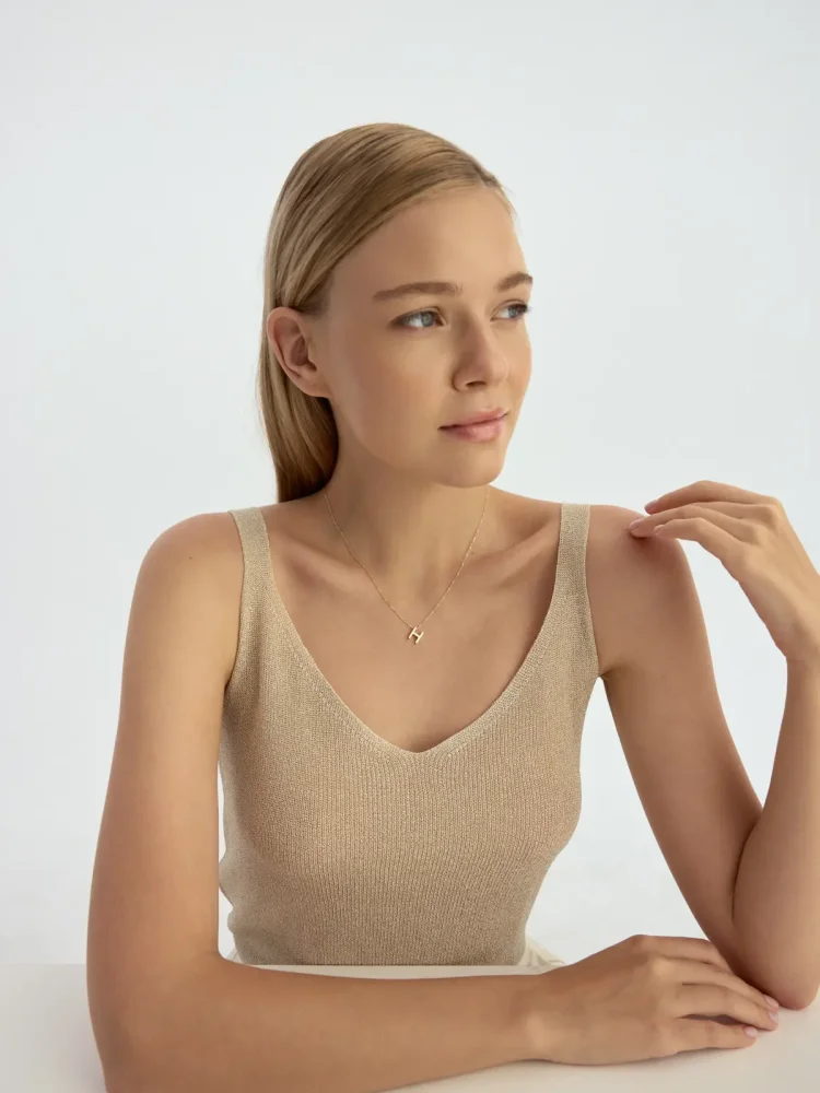 H Harfi Taşlı 14K Altın Harf Kolye - 4