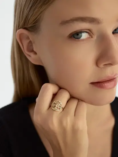 Hayat Ağacı Motifli 14K Altın Yüzük - (1)