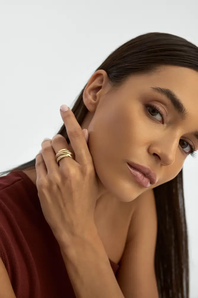 İki Renkli Fantezi Sıralı Taşlı 14K Altın Yüzük - 3