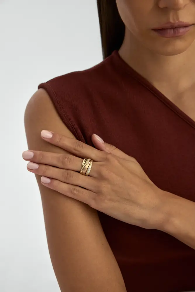 İki Renkli Fantezi Sıralı Taşlı 14K Altın Yüzük - 5