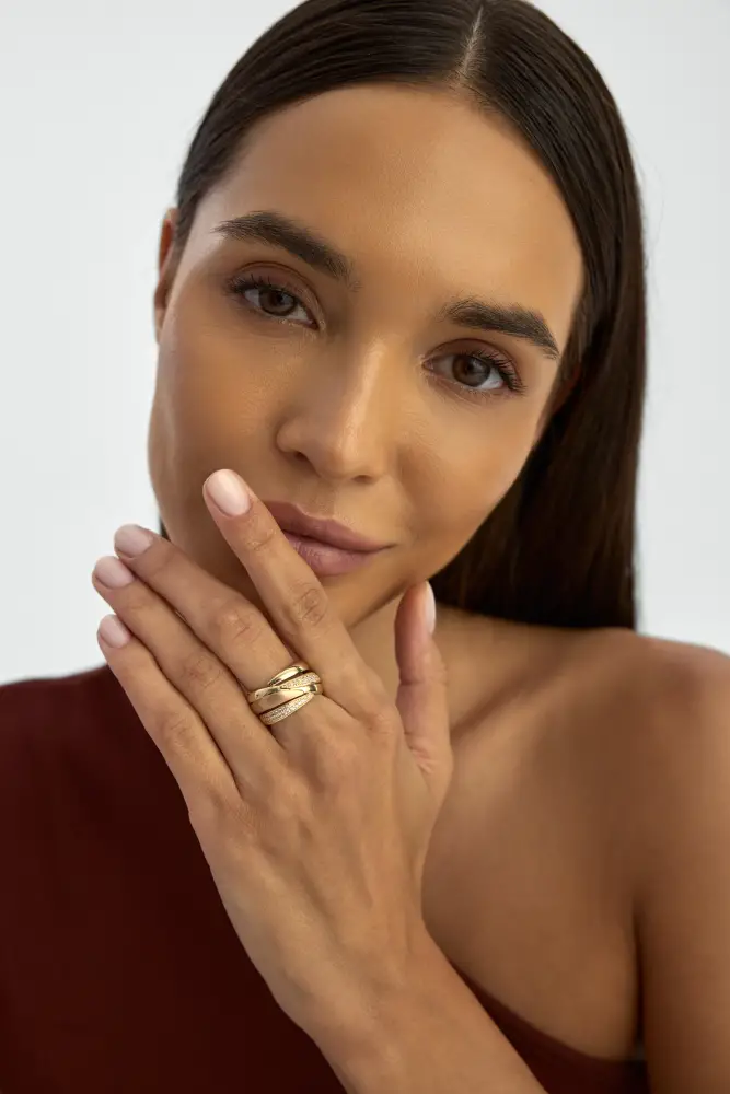 İki Renkli Fantezi Sıralı Taşlı 14K Altın Yüzük - 4