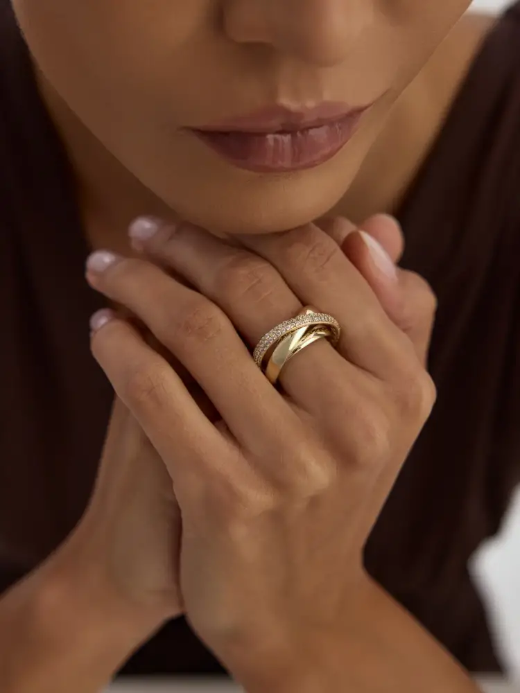 İki Sıra Sade Bir Sıra Taşlı Fantezi 14K Altın Yüzük - 2