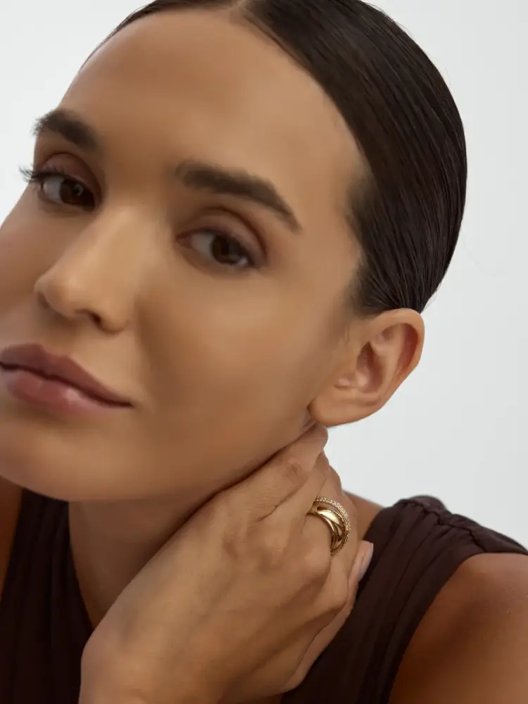 İki Sıra Sade Bir Sıra Taşlı Fantezi 14K Altın Yüzük - 4