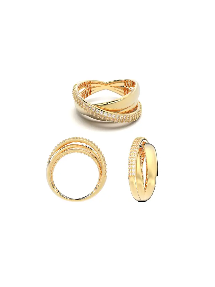 İki Sıra Sade Bir Sıra Taşlı Fantezi 14K Altın Yüzük - 8