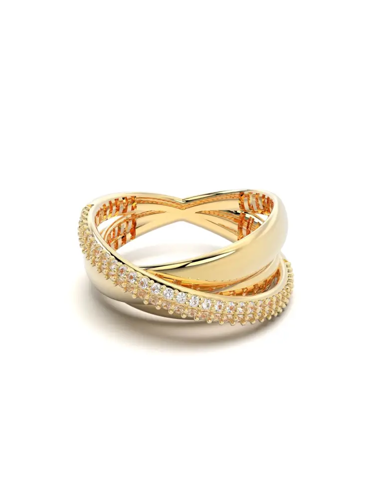 İki Sıra Sade Bir Sıra Taşlı Fantezi 14K Altın Yüzük - 1