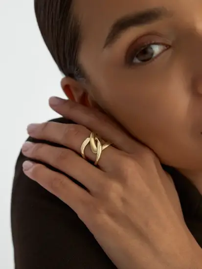 İkili Geometrik Formlu Modern 14K Altın Yüzük - (1)