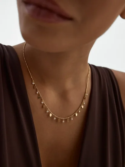 İnci, Dorika Toplu ve Sallantılı Pullu 14K Altın Kolye - (1)