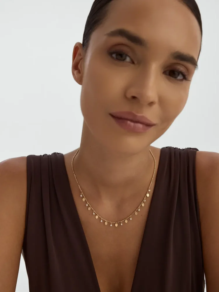 İnci, Dorika Toplu ve Sallantılı Pullu 14K Altın Kolye - 3