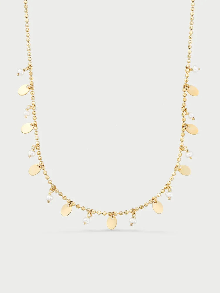 İnci, Dorika Toplu ve Sallantılı Pullu 14K Altın Kolye - 1