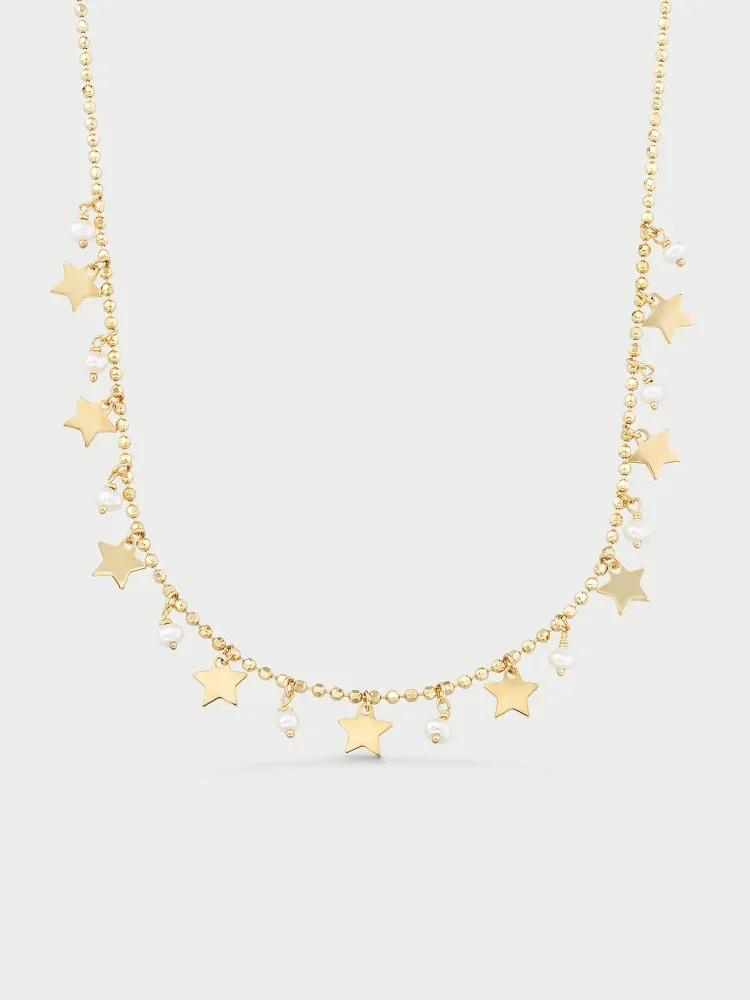 İnci, Dorika Toplu ve Sallantılı Yıldız 14K Altın Kolye - 1