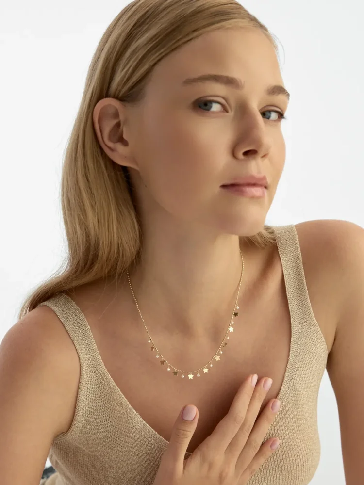 İnci, Dorika Toplu ve Sallantılı Yıldız 14K Altın Kolye - 4