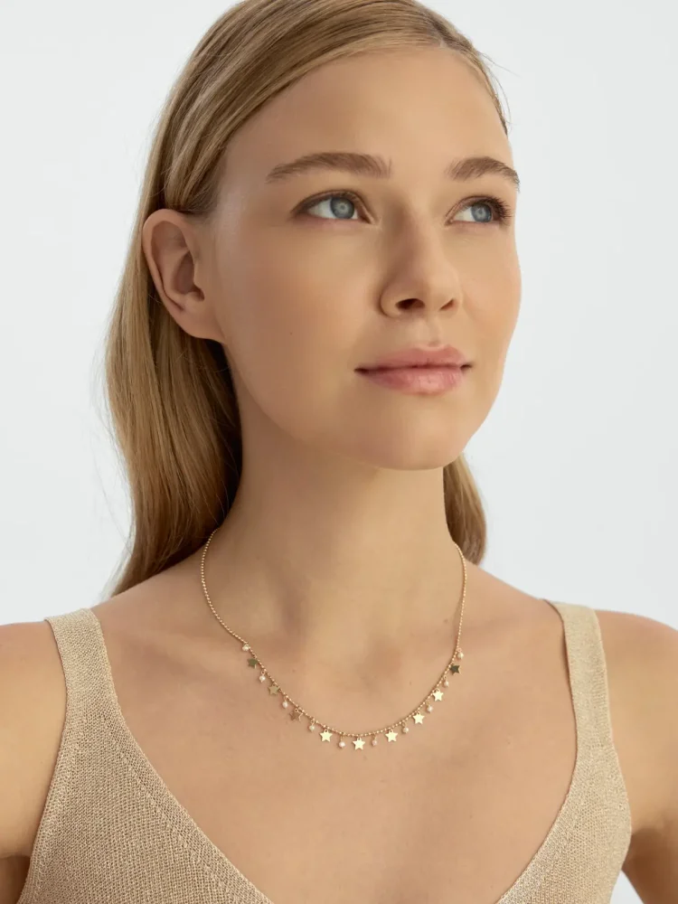 İnci, Dorika Toplu ve Sallantılı Yıldız 14K Altın Kolye - 3