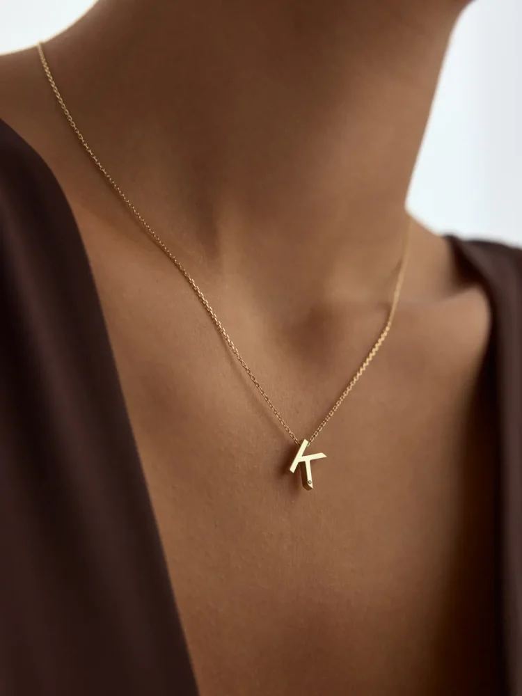 K Harfi Taşlı 14K Altın Harf Kolye - 2