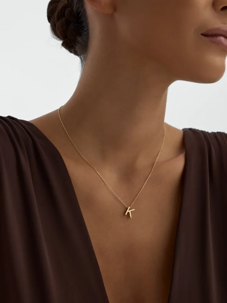 K Harfi Taşlı 14K Altın Harf Kolye - 3