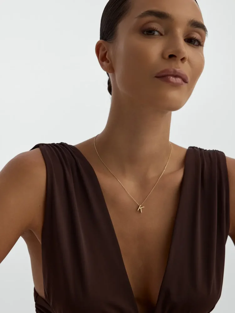 K Harfi Taşlı 14K Altın Harf Kolye - 4