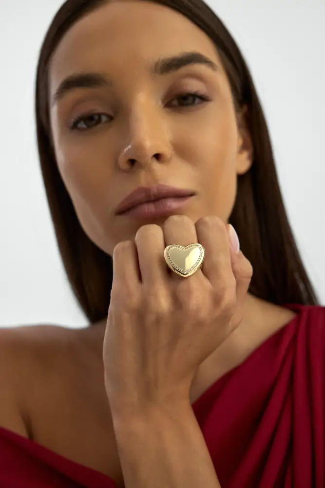 Kalp Formlu Taş Detaylı 14K Altın Yüzük - 2