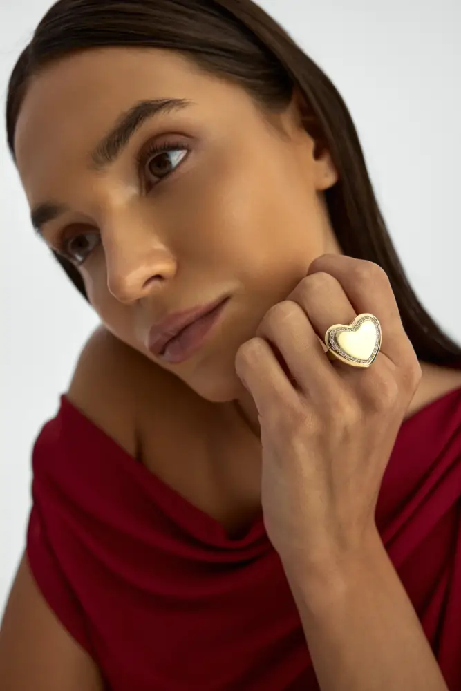 Kalp Formlu Taş Detaylı 14K Altın Yüzük - 3