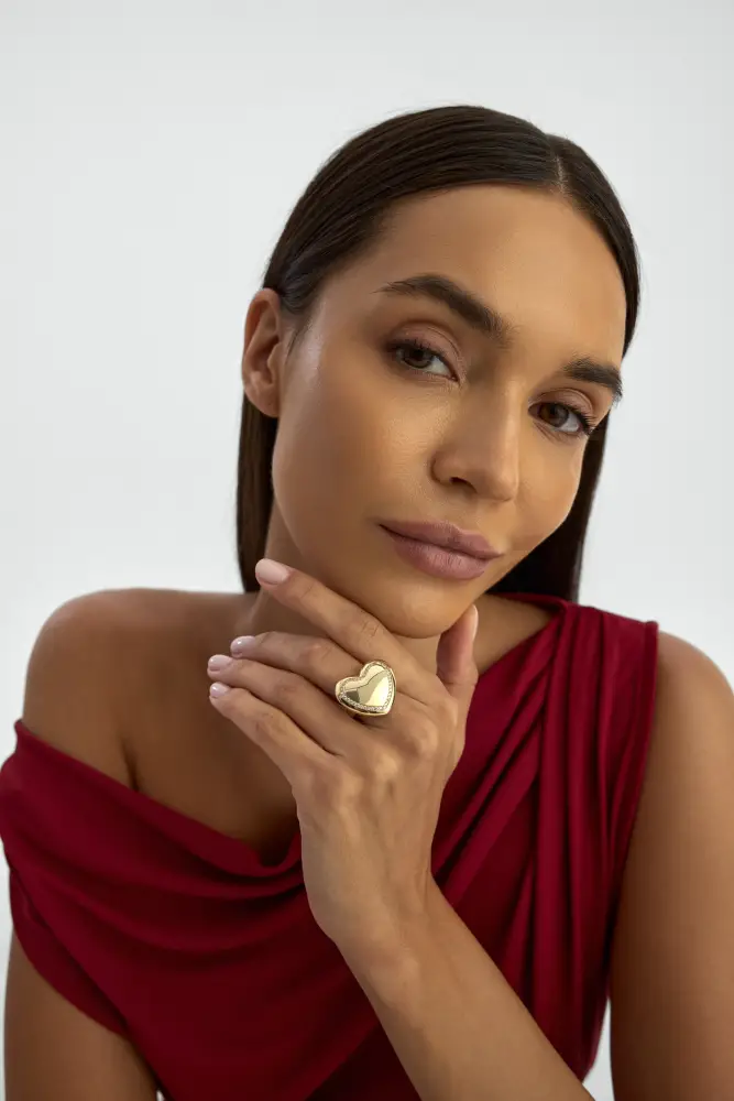 Kalp Formlu Taş Detaylı 14K Altın Yüzük - 4