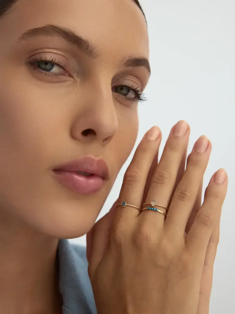 Kalp Motifli Burgu Gövdeli 14K Altın Yüzük - 3