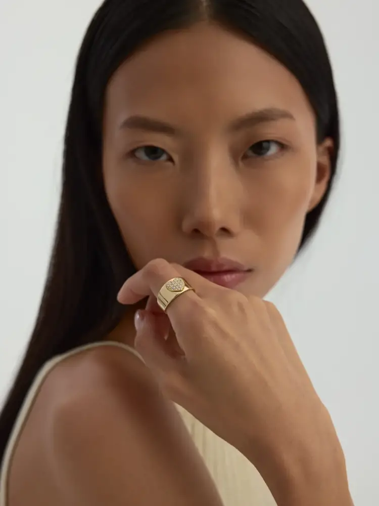 Kalp Motifli Pırlanta Görünümlü 14K Altın Yüzük - 3