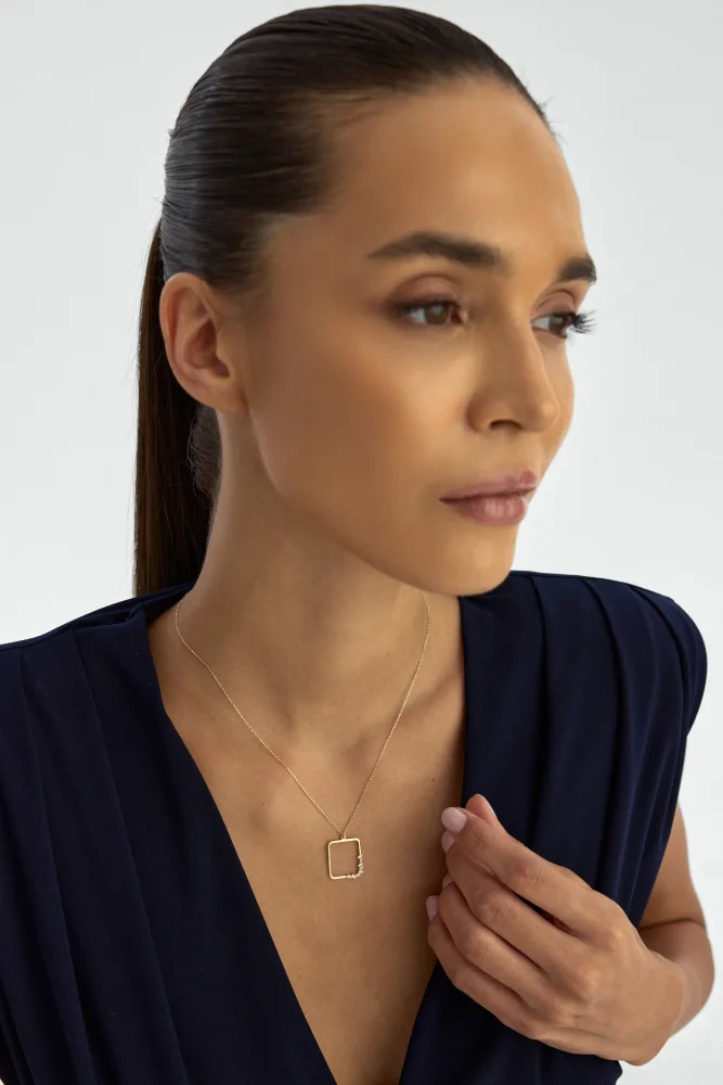 Kare Formlu Baget Taşlı 14K Altın Kolye - 4