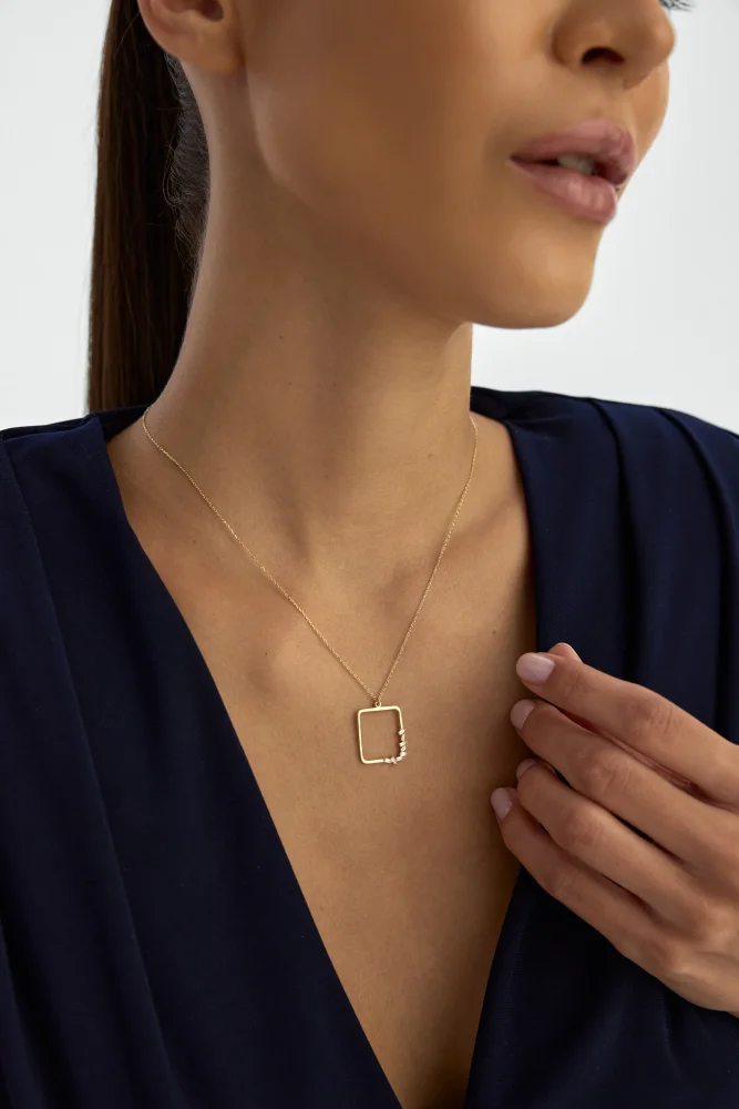 Kare Formlu Baget Taşlı 14K Altın Kolye - 2