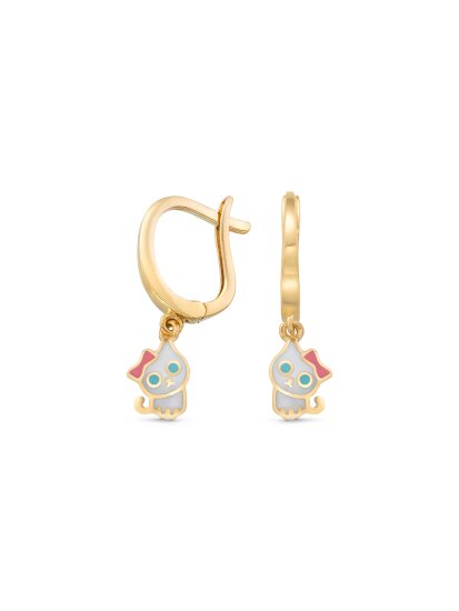 Kedi Figürlü Mineli 14K Altın Sallantılı Çocuk Küpesi - 