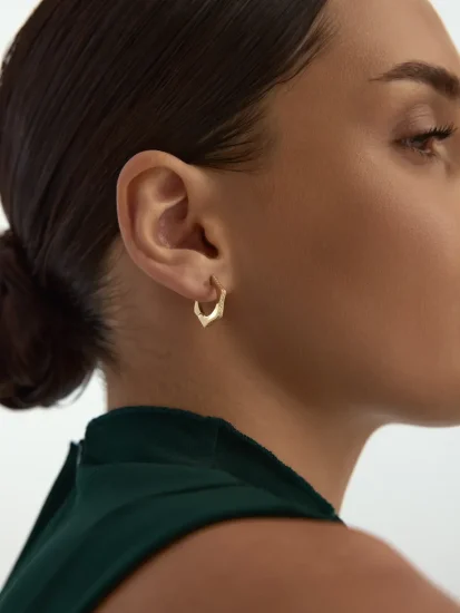 Kenar Taşlı Altı Köşeli Halka 14K Altın Küpe - (1)