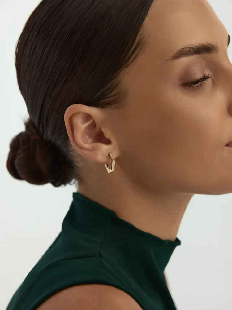 Kenar Taşlı Altı Köşeli Halka 14K Altın Küpe - 4