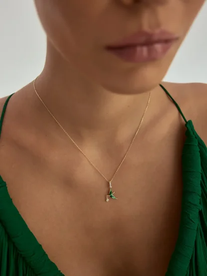 Kırlangıç Figürlü Tektaş Detaylı 14K Altın Kolye - (1)